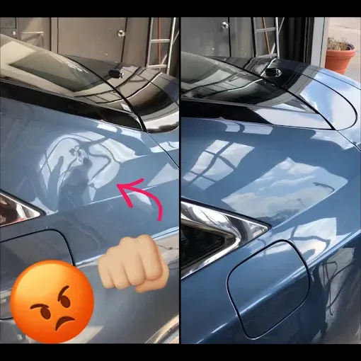 SEO for auto dent repair companies: before and after paintless dent repair on a blue car